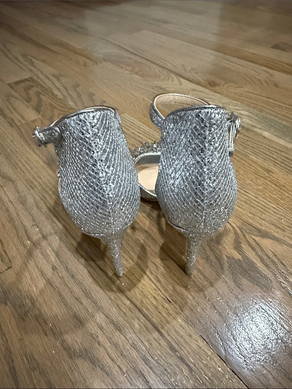 Imagine Vince Camuto Silver Embellished Ankle-Strap Heels with Crystal Detail